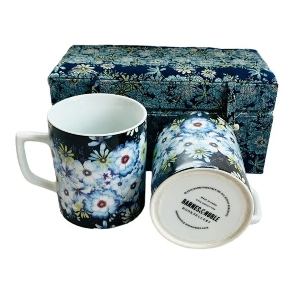 Barnes & Noble Floral Ceramic Mug Set of 2 Blue Multicolor Boxed Gift New - Picture 4 of 6